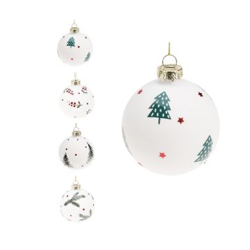 SFERA IN VETRO BIANCO OPACO CON DECORO VERDE/ROSSO DIAM. 8CM ASS.