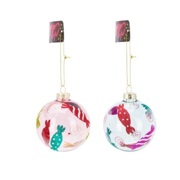 SFERA DI VETRO ROSA/AZZURRO CON DECORO CARAMELLE DIAM. 8CM ASSORTITO