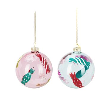 SFERA DI VETRO ROSA/AZZURRO CON DECORO CARAMELLE DIAM. 8CM ASSORTITO