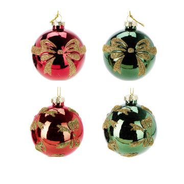 SFERA DI VETRO ROSSA/VERDE LUCIDA CON FIOCCHI GLTTERATI ORO DIAM. 8CM ASS