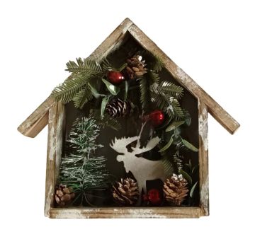 CASETTA NATALIZIA IN LEGNO CON RENNA E PIGNE 25X5.5CM H. 23 CM