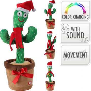 DECORAZIONE CON CACTUS DI PELUCHE NATALIZIO CON LUCI SUONI E MOVIMENTO H. 35CM ASSORTITO