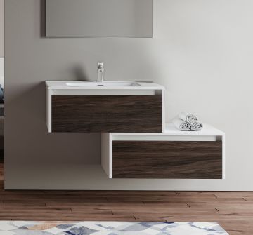 BASE BAGNO SOSPESA MOD. LUNA CM 112 BIANCO LUCIDO E OLMO CAFFE'