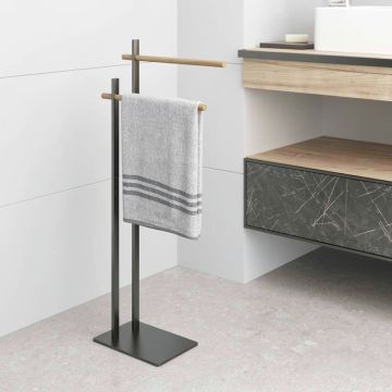 LINEA ROLLE - PIANTANA PORTA ASCIUGAMANI NERO OPACO E LEGNO