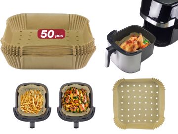SET 50 VASSOI DI CARTA FORNO PER FRIGGITRICI AD ARIA QUADRATI FORATI