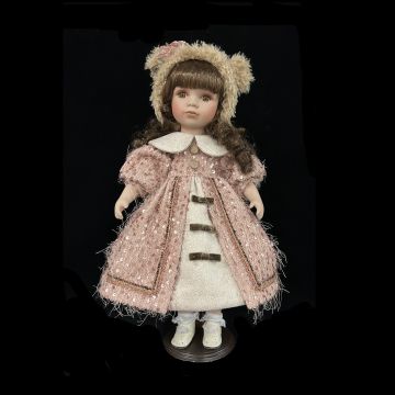 BAMBOLA DI PORCELLANA CON CAPPOTTO IN TESSUTO ROSA C/PAILLETTES H 45CM