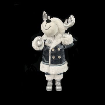 PUPAZZO RENNA MASCHIO CON CAPPOTTO  IN VELLUTO BLU H 55CM