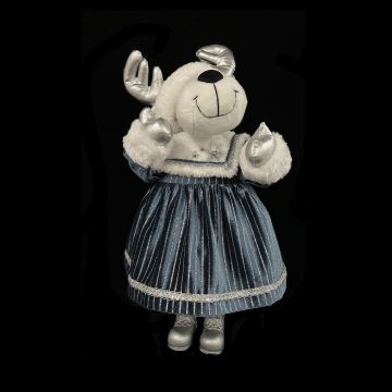 PUPAZZO RENNA FEMMINA CON VESTITO A RIGHETTE BLU H 55CM