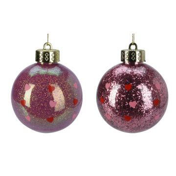 SFERA ROSA IN VETRO DIAM. 8CM EFFETTO GLITTERATO LUCIDO CON CUORICINI ASS.