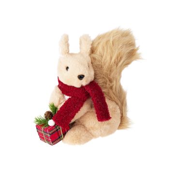 PELUCHE SCOIATTOLO MARRONE CON SCIARPA ROSSA E PACCO REGALO 18X11CM H 20