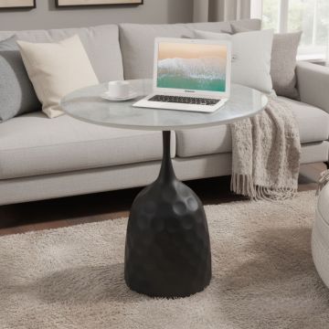 TAVOLINO IN METALLO NERO E PIANO IN CERAMICA EFFETTO MARMO CM 50X54 