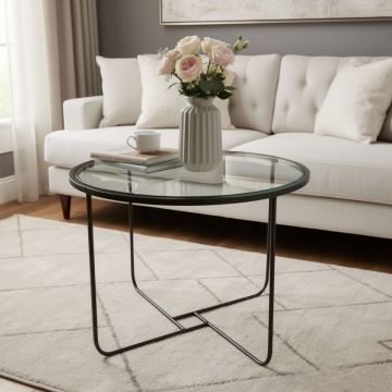 TAVOLINO IN METALLO NERO CON PIANO IN VETRO CM 55X45 