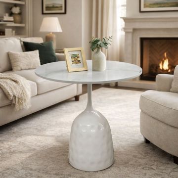 TAVOLINO IN METALLO BIANCO E PIANO IN CERAMICA EFFETTO MARMO BIANCO CM 50X53