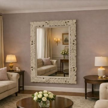 SPECCHIO RETTANGOLARE CM 70X100 IN LEGNO CON CORNICE INTAGLIATA BIANCA