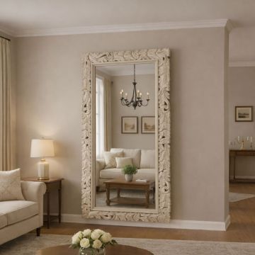 SPECCHIO RETTANGOLARE CM 70X140 IN LEGNO CON CORNICE INTAGLIATA BIANCA