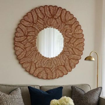 SPECCHIO ROTONDO DIAM. 120CM IN LEGNO INTAGLIATO EFFETTO FOGLIA MARRONE CHIARO