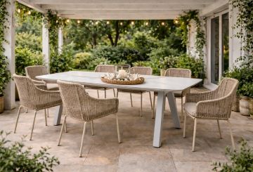 TAVOLO FISSO DA ESTERNO CM 210X106 METALLO BIANCO E PIANO EFFETTO MARMO  