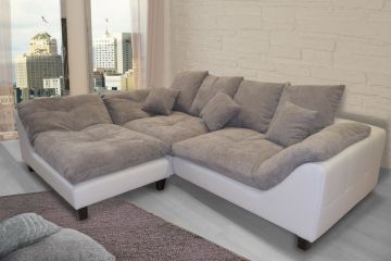 COPPIA DIVANO E POUF IN ECOPELLE E TESSUTO