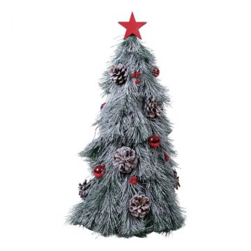 DECORAZIONE ALBERO DI NATALE NEVATO CON PIGNE BACCHE BASE IN LEGNO H. 55CM