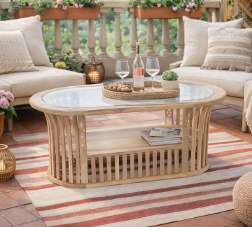 TAVOLINO DA ESTERNO IN LEGNO DI TEAK CON TOP IN VETRO 115X50CM H. 44CM NATURALE 