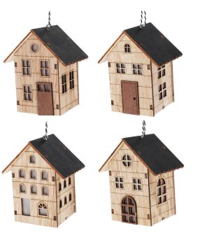 DECORAZIONE DA APPENDERE CASETTA DI LEGNO CON LED H 8CM ASS.