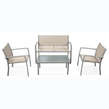 SET TAVOLINO + 2 SEDIE + DIVANETTO ACCIAO E TEXTILENE BEIGE SET TAVOLINO + 2 SEDIE + DIVANETTO ACCIAO E TEXTILENE BEIGE