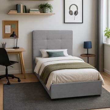 LETTO SINGOLO CON CONTENITORE MOD. NAPOLI IN TESSUTO GRIGIO CHIARO 