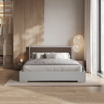 LETTO MATRIMONIALE CON CONTENITORE MOD. LEDD FRASSINO NUVOLA ED ECOPELLE