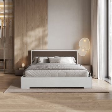 LETTO MATRIMONIALE CON CONTENITORE MOD. LEDD FRASSINO NUVOLA ED ECOPELLE