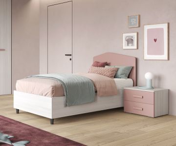 LETTO SINGOLO CON CONTENITORE ROVERE NORDICO E ROSA