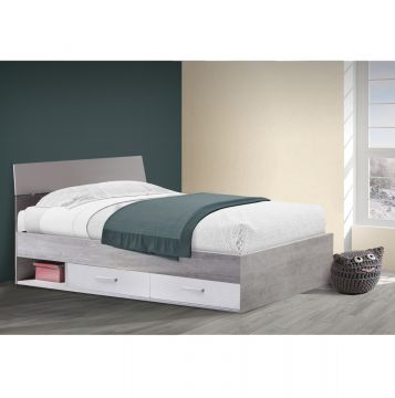 LETTO SINGOLO CON 2 CASSETTI CEMENTO E BIANCO LACCATO