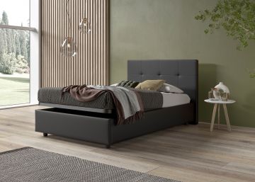 LETTO 1 PIAZZA E MEZZA CON CONTENITORE MOD. NEW YORK IN ECOPELLE NERA