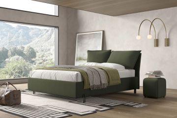 LETTO MATRIMONIALE CON CONTENITORE MOD. MOOD IN TESSUTO VERDE BOSCO