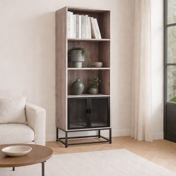 LIBRERIA IN LAMINATO E METALLO CM 60X30 H. 180 ROVERE NODATO E NERO