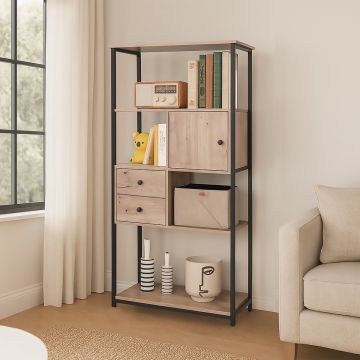 LIBRERIA IN LAMINATO E METALLO CM 80X30 H. 160 ROVERE NODATO E NERO 