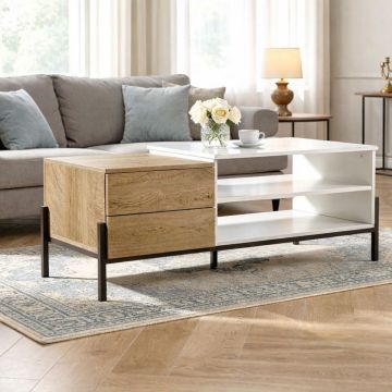 TAVOLINO IN METALLO NERO/BIANCO OPACO E LAMINATO ROVERE CM 114X55 H. 47