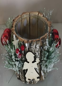 PORTA CANDELA 1 VETRO IN LEGNO CON ANGELI/BACCHE 21X21CM 