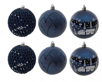 SET 6 PALLINE BLU CON DECORI DIAM.8CM ASSORTITO
