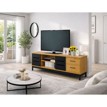 PORTA TV IN LEGNO MASSELLO CM 160X38 H. 56.6 QUERCIA E PARTICOLARI NERI