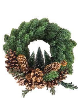 GHIRLANDA NATALIZIA CON PIGNE E ALBERELLI DIAMETRO 34CM H 8CM