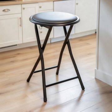 SGABELLO PIEGHEVOLE IN ECOPELLE E ACCIAIO DIAM. 30CM H. 45CM NERO