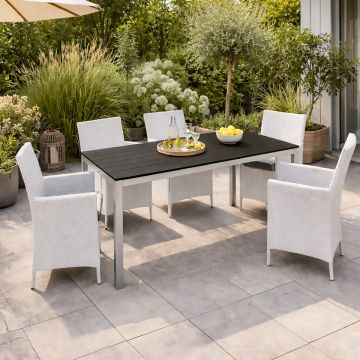 TAVOLO FISSO DA ESTERNO CM 156X78 IN METALLO BIANCO E PLASTICA EFFETTO LEGNO ANTRACITE