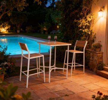 SET KD TAVOLO + 2 SGABELLI DA ESTERNO METALLO BIANCO E PLASTICA EFFETTO LEGNO 