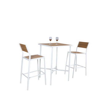 SET KD TAVOLO + 2 SGABELLI METALLO BIANCO E PLASTICA EFFETTO LEGNO 