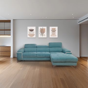 SALOTTO MOD. EROS CON CHAISE LONGUE DX IN TESSUTO TURCHESE