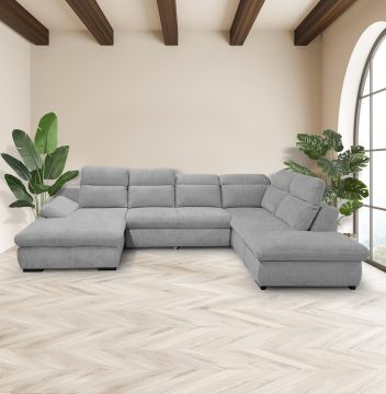 SALOTTO ANGOLARE MOD. LORENA VERSIONE AD "U" PENISOLA CONTENITORE SX IN TESSUTO GRIGIO CHIARO