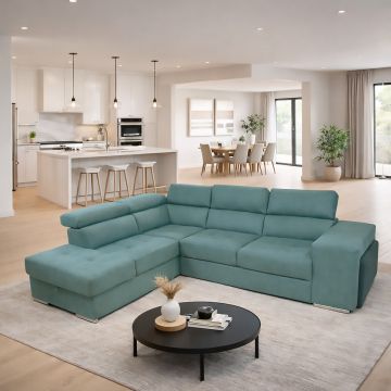 SALOTTO MOD. SOFIA CON ANGOLO CONTENITORE SX IN TESSUTO VERDE CHIARO E VERDE SCURO