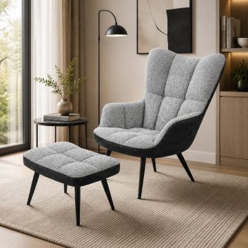 POLTRONA CON POUFF MOD.TONIA IN METALLO NERO E TESSUTO ANTRACITE/GRIGIO