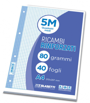 CONFEZIONE 40 FOGLI RICAMBI RINFORZATI A4 QUADRETTI