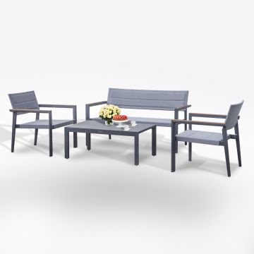 SET 2 POLTRONE + DIVANO + TAVOLINO SOFA ALLUMINIO E TEXTILENE